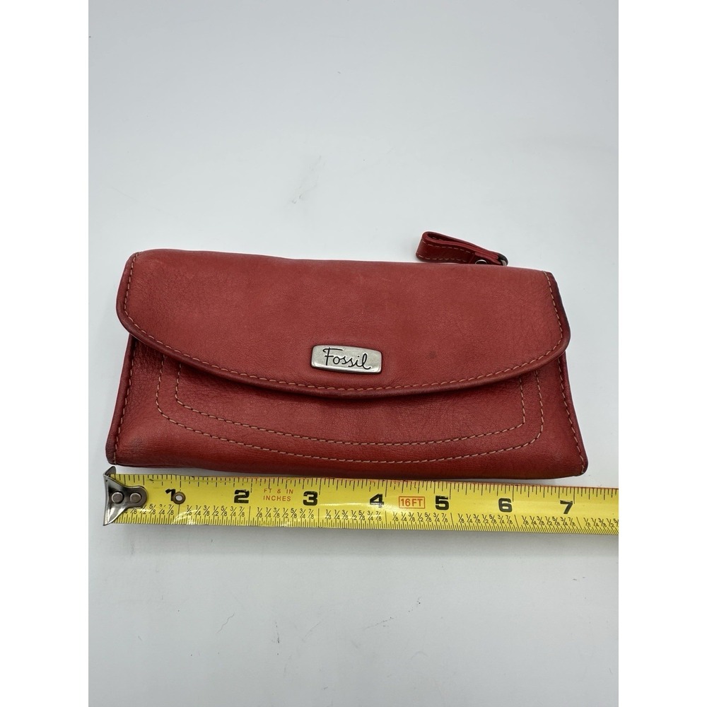 Fossil Red Leather Clutch Wallet Wristlet Organizer Women's Snap Zip - Picture 9 of 10